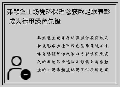 弗赖堡主场凭环保理念获欧足联表彰 成为德甲绿色先锋